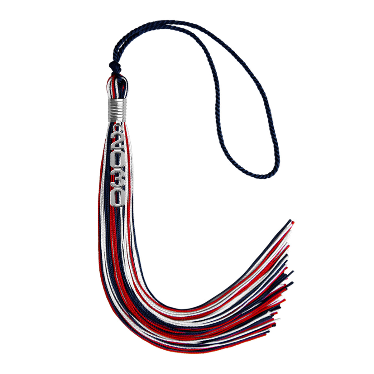 Navy Blue/Red/White Mixed Color Graduation Tassel with Silver Stacked Date Drop by Wholesale Grad Supply