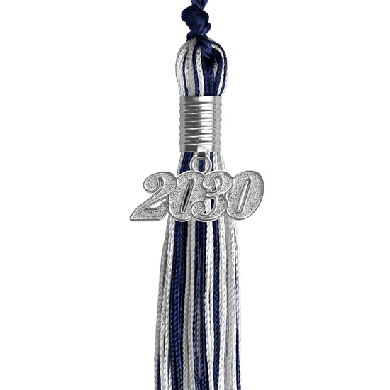 Navy Blue/Silver/White Mixed Color Graduation Tassel with Silver Date Drop by Wholesale Grad Supply
