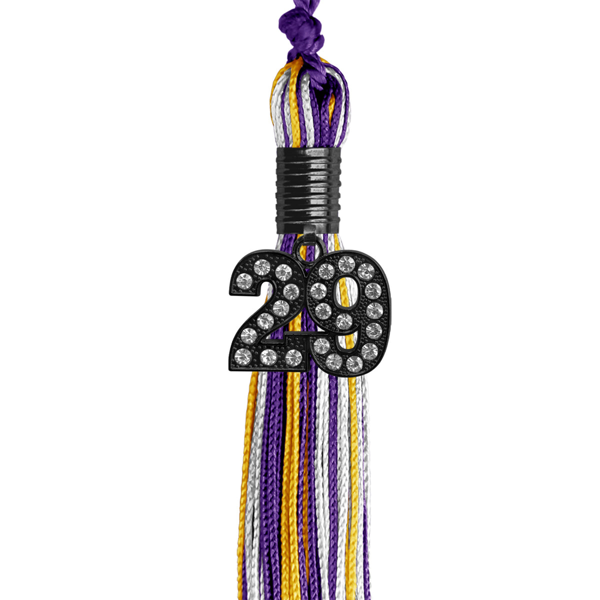 Purple/Gold/White Mixed Color Graduation Tassel with Black Bling Charm by Wholesale Grad Supply