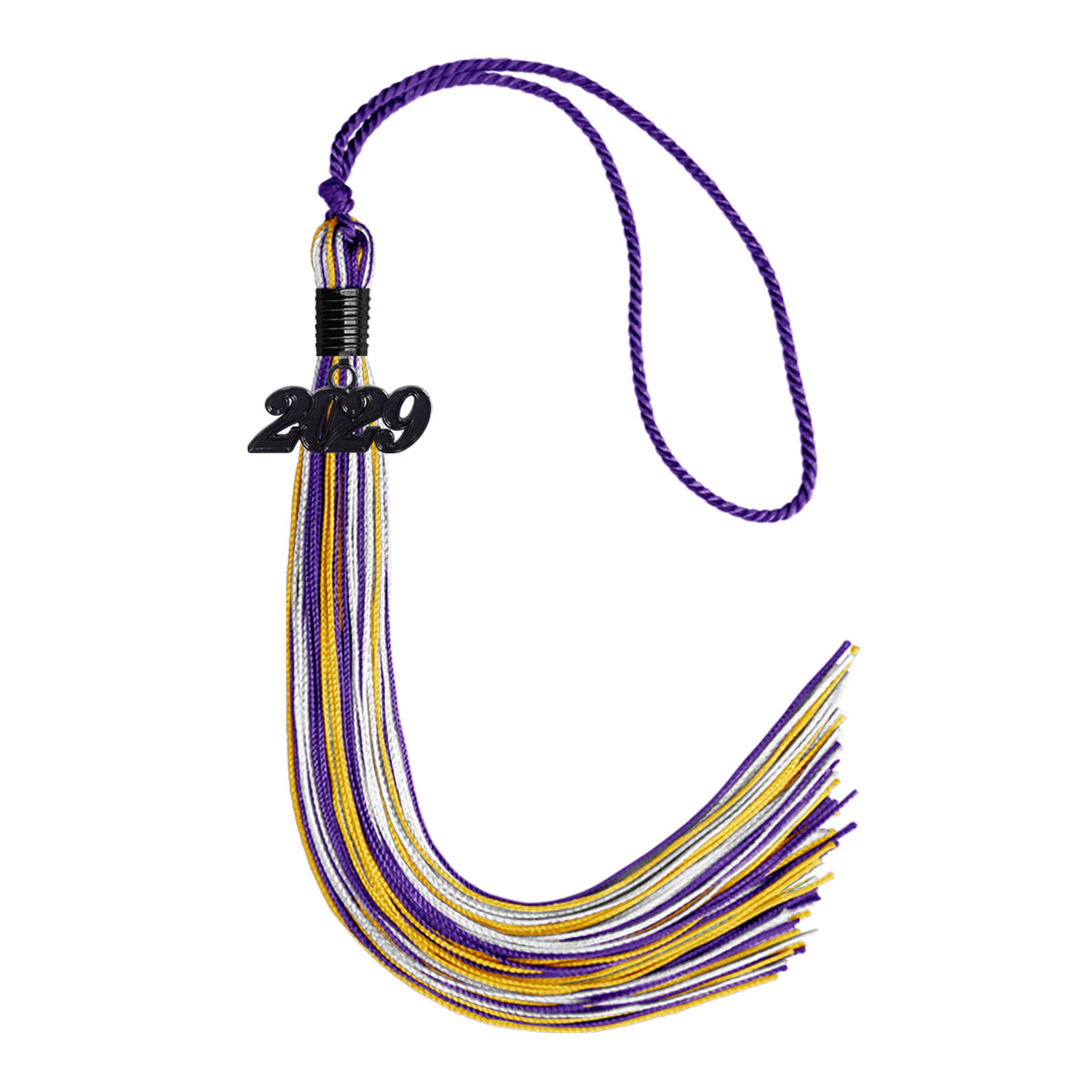 Purple/Gold/White Mixed Color Graduation Tassel with Black Bling Charm by Wholesale Grad Supply