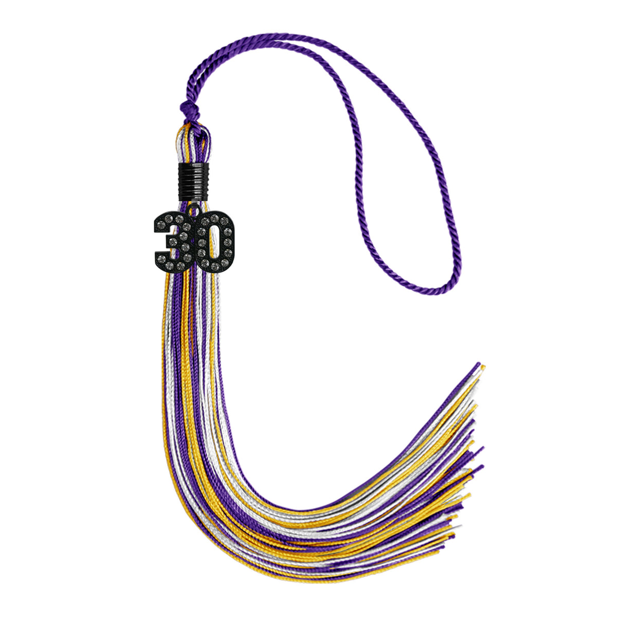 Purple/Gold/White Mixed Color Graduation Tassel with Black Bling Charm by Wholesale Grad Supply