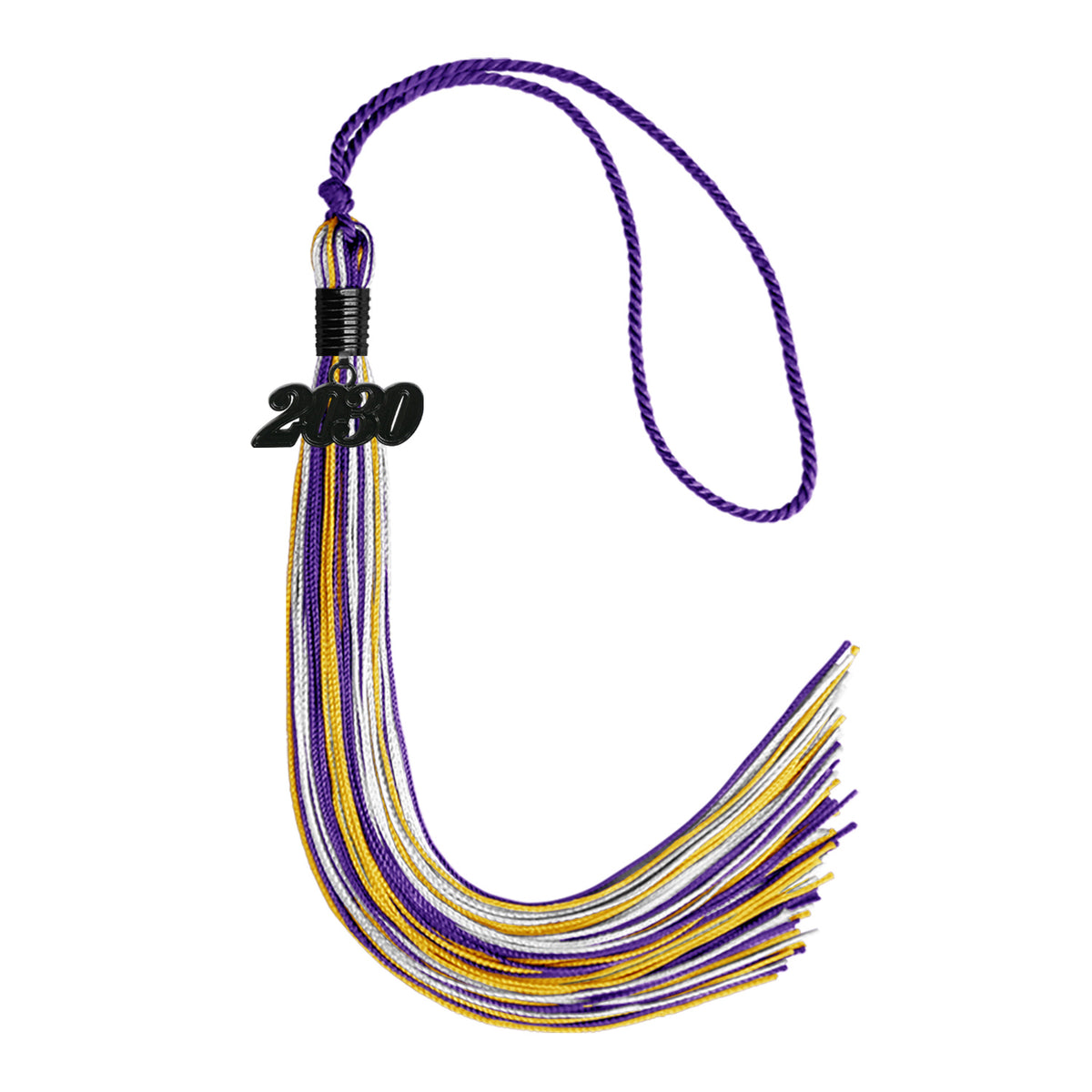 Purple/Gold/White Mixed Color Graduation Tassel with Black Bling Charm by Wholesale Grad Supply