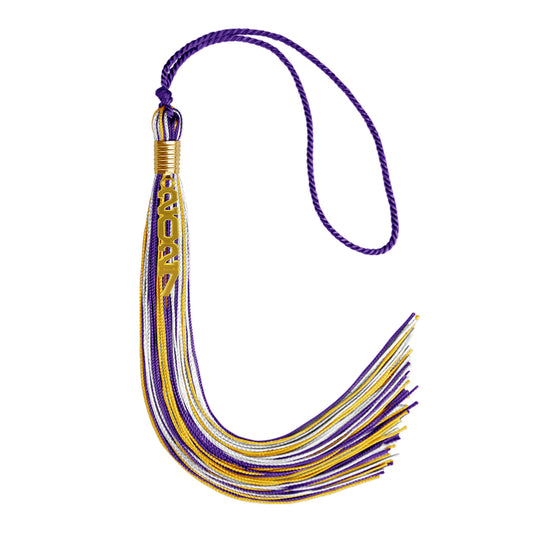 Purple/Gold/White Mixed Color Graduation Tassel with Gold Stacked Date Drop by Wholesale Grad Supply