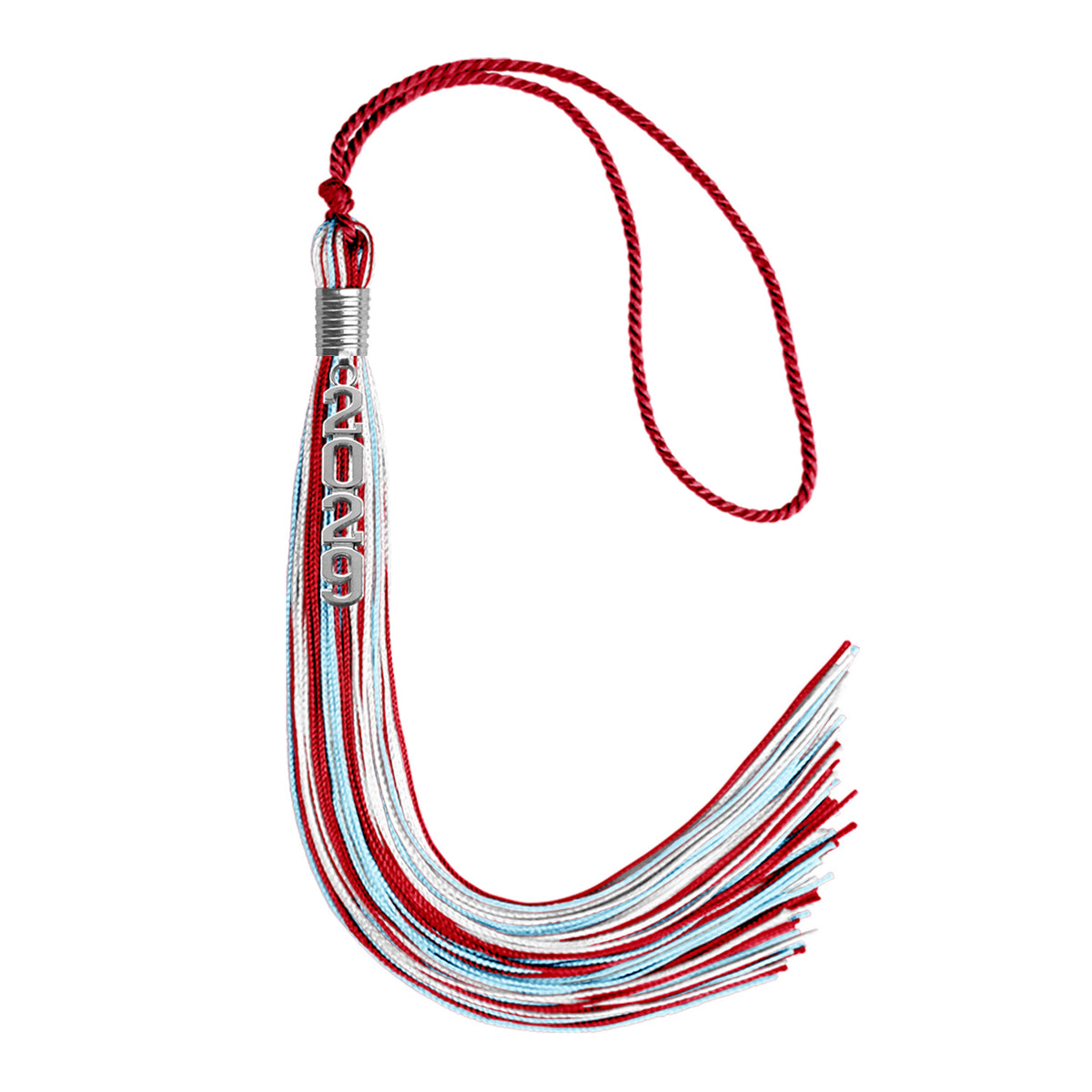 Red/Light Blue/White Mixed Color Graduation Tassel with Silver Stacked Date Drop by Wholesale Grad Supply