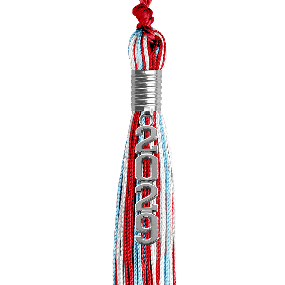 Red/Light Blue/White Mixed Color Graduation Tassel with Silver Stacked Date Drop by Wholesale Grad Supply