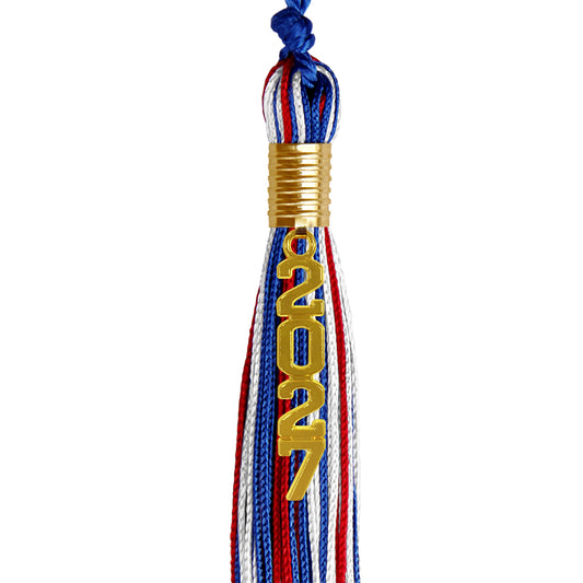 Royal Blue/Red/White Mixed Color Graduation Tassel with Gold Stacked Date Drop by Wholesale Grad Supply
