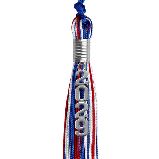 Royal Blue/Red/White Mixed Color Graduation Tassel with Silver Stacked Date Drop by Wholesale Grad Supply