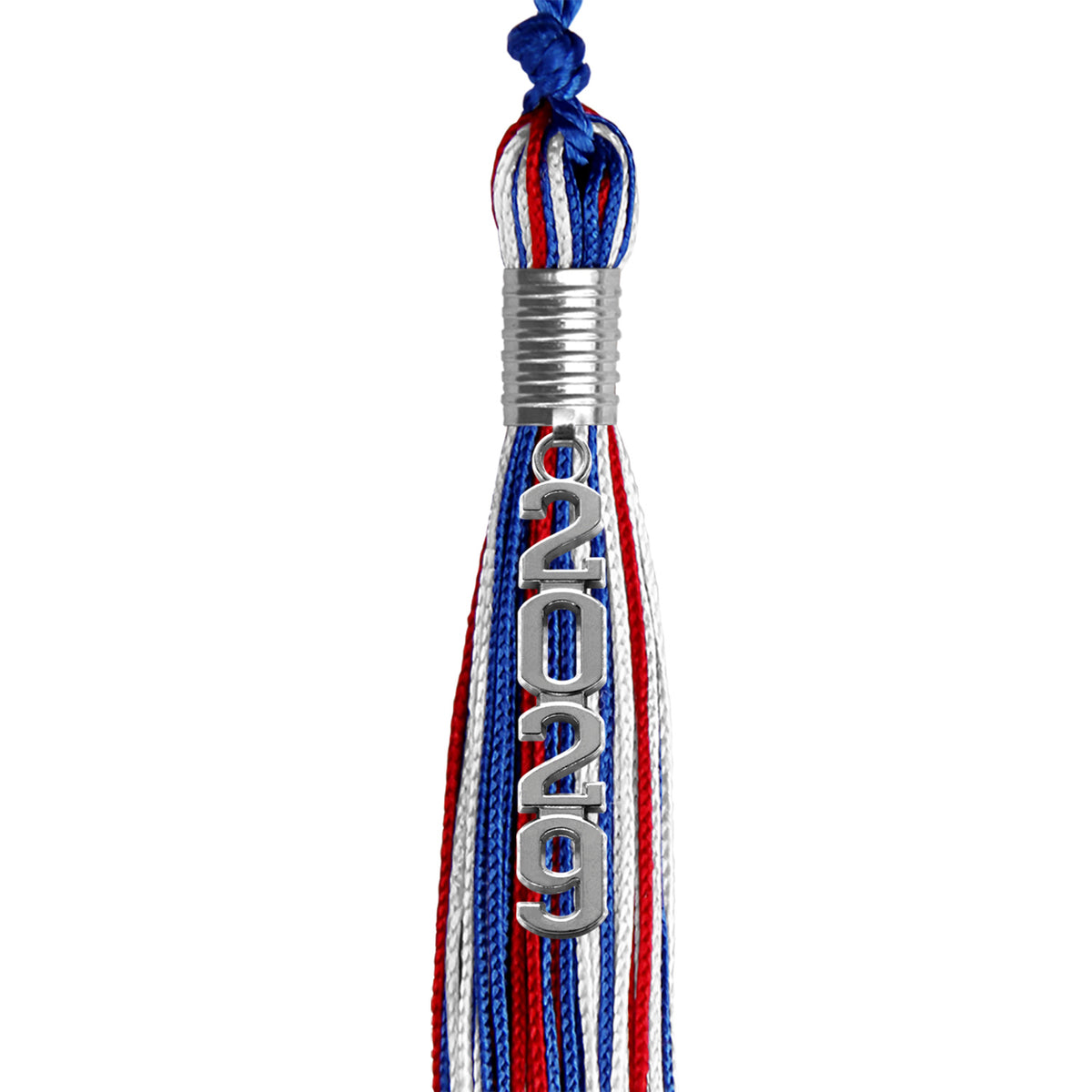Royal Blue/Red/White Mixed Color Graduation Tassel with Silver Stacked Date Drop by Wholesale Grad Supply
