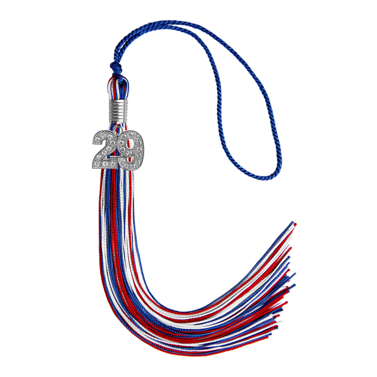 Royal Blue/Red/White Mixed Color Graduation Tassel with Silver Bling Charm by Wholesale Grad Supply