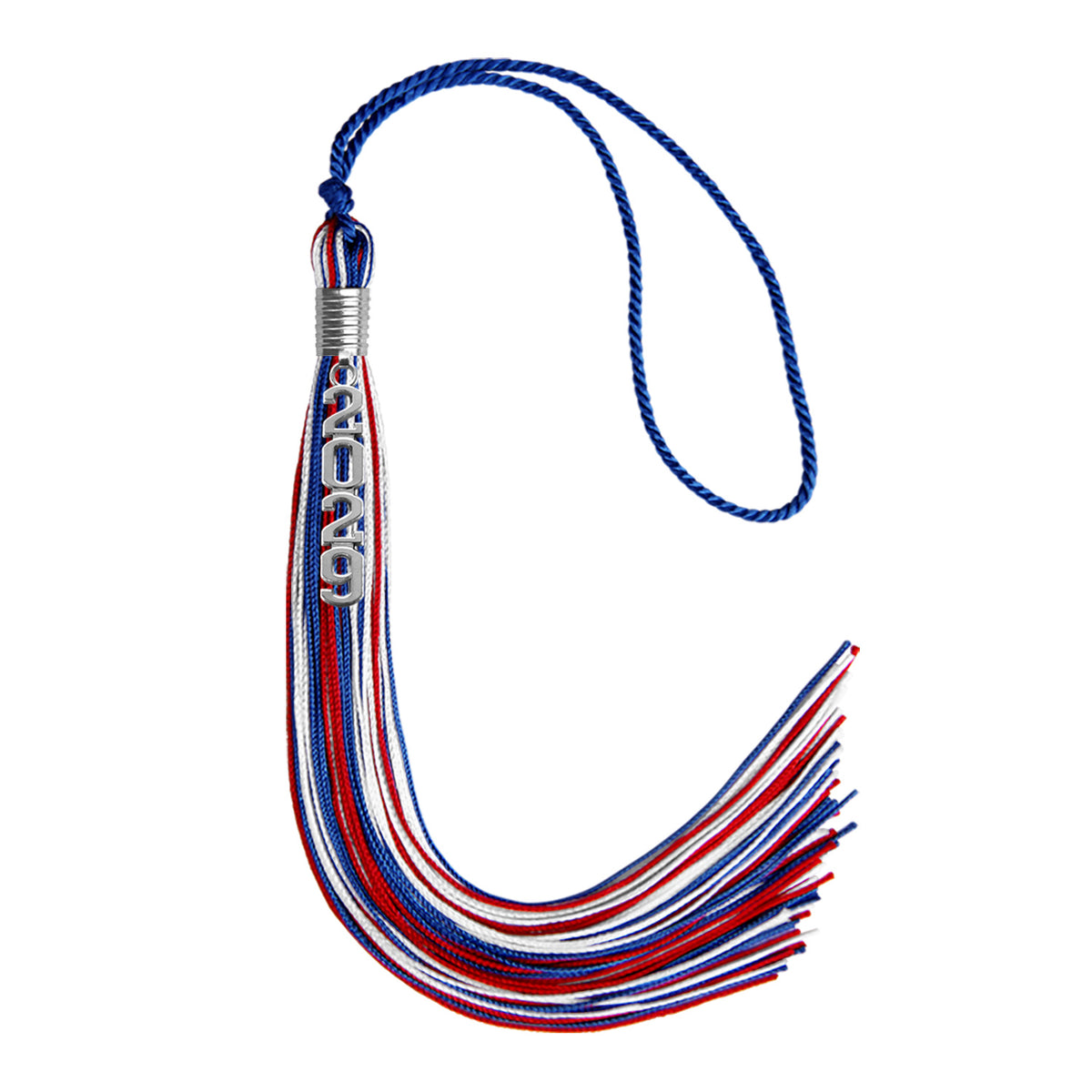 Royal Blue/Red/White Mixed Color Graduation Tassel with Silver Stacked Date Drop by Wholesale Grad Supply