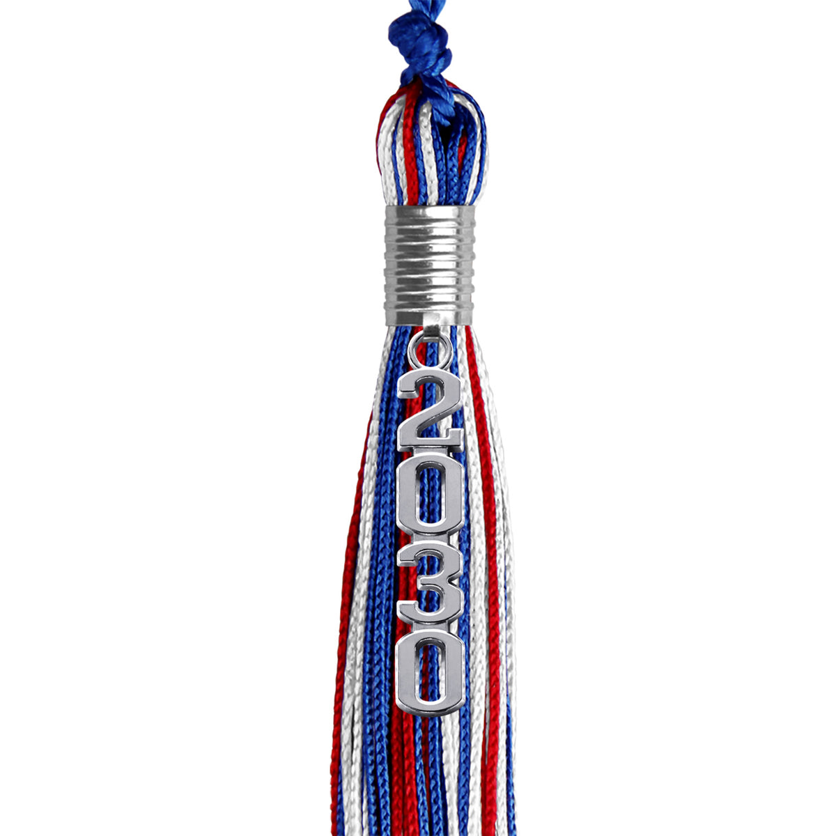 Royal Blue/Red/White Mixed Color Graduation Tassel with Silver Stacked Date Drop by Wholesale Grad Supply