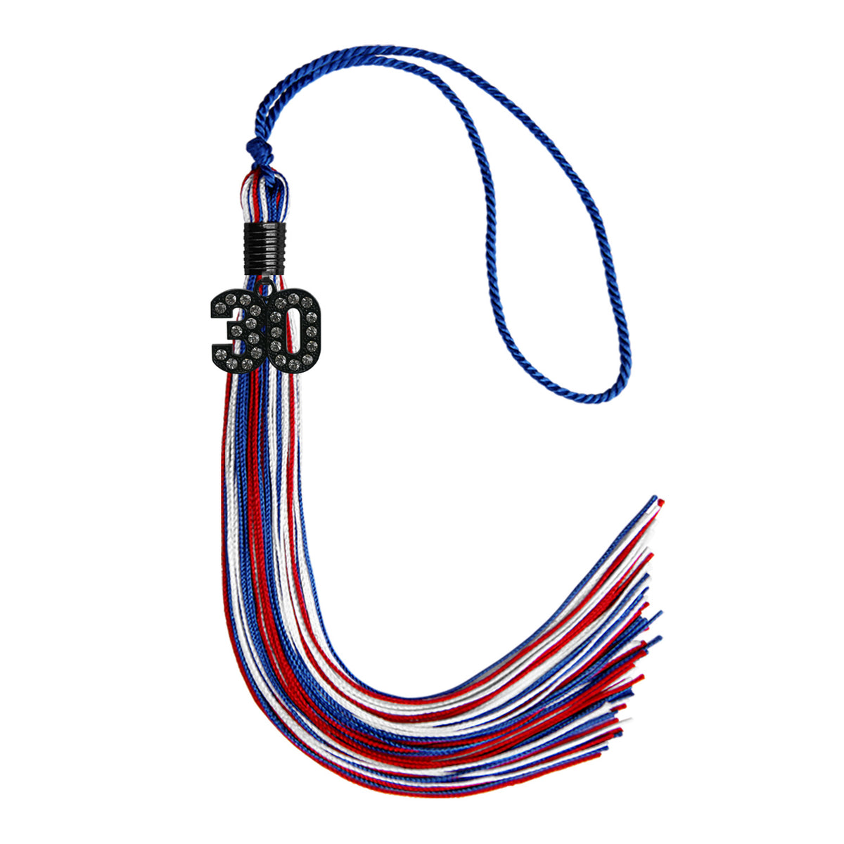Royal Blue/Red/White Mixed Color Graduation Tassel with Black Bling Charm by Wholesale Grad Supply