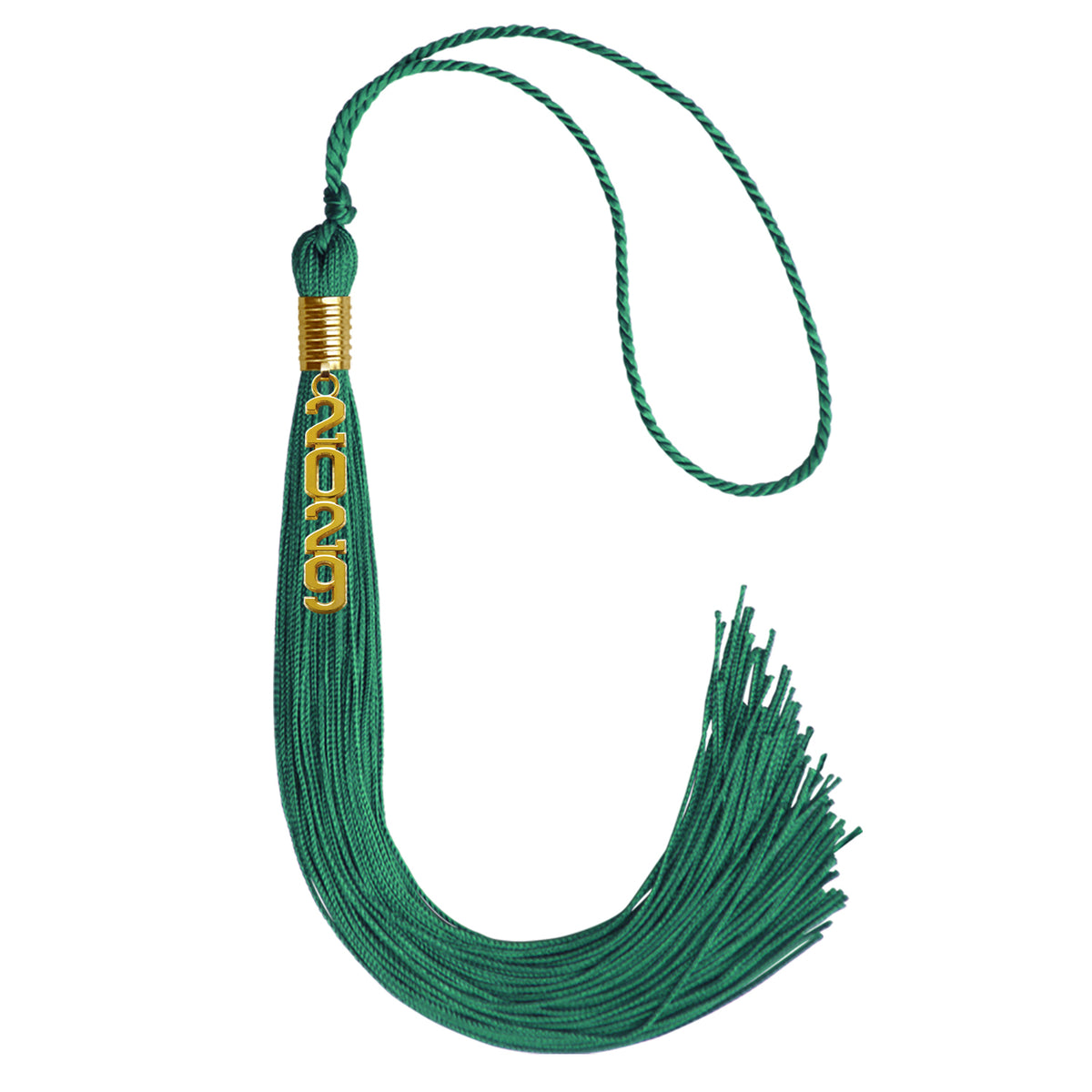 Emerald Green Graduation Tassel with Gold Stacked Date Drop by Wholesale Grad Supply