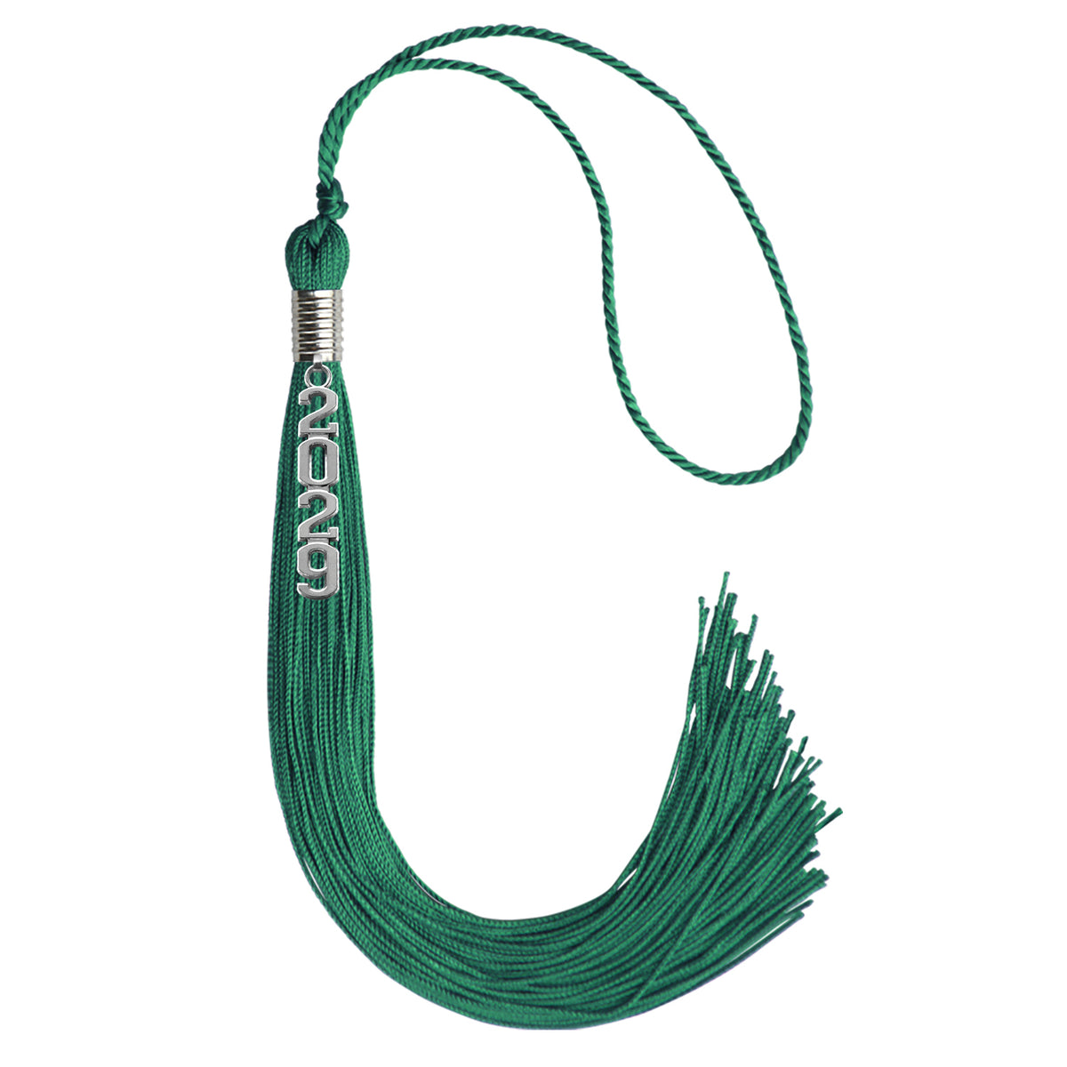 Emerald Green Graduation Tassel with Silver Stacked Date Drop by Wholesale Grad Supply