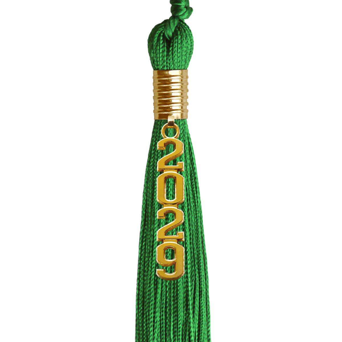 Green Graduation Tassel with Gold Stacked Date Drop by Wholesale Grad Supply