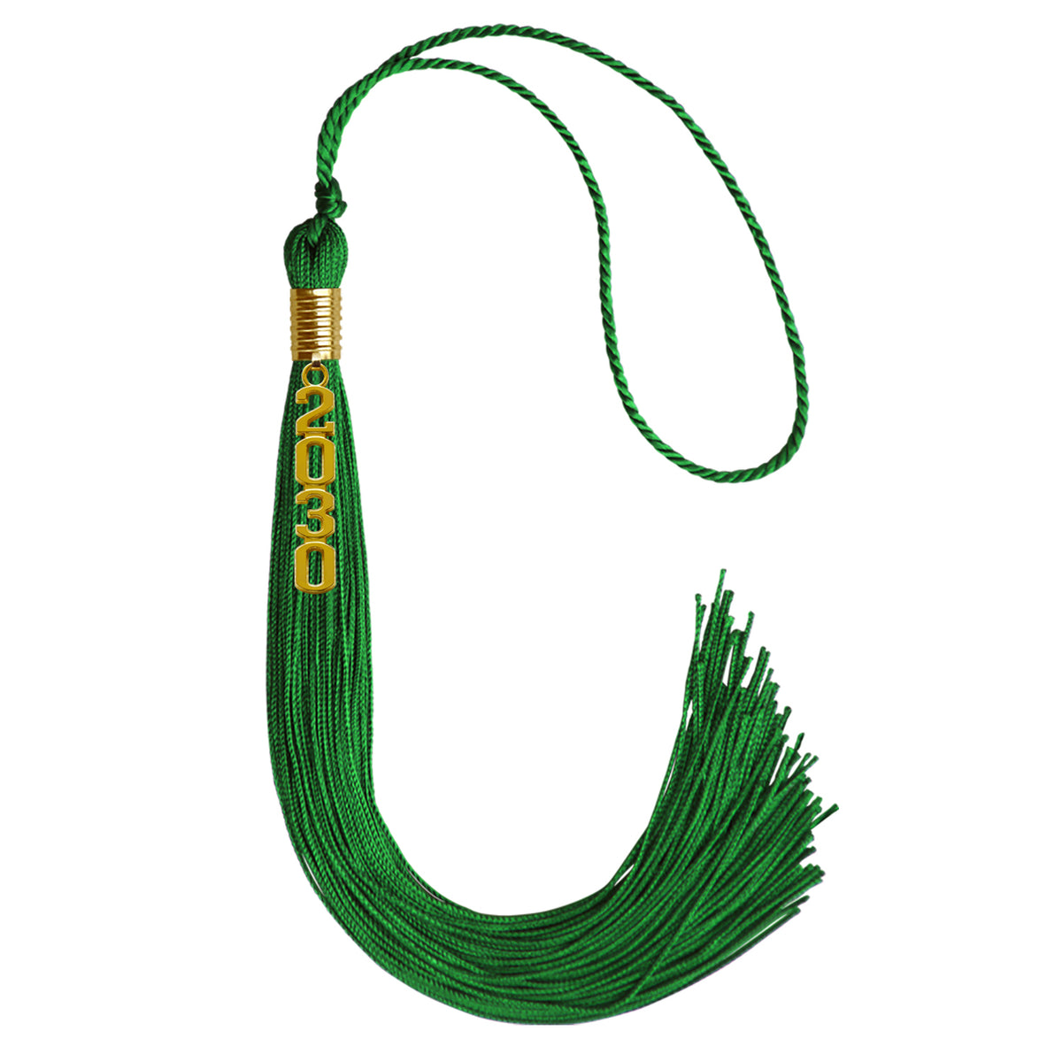 Green Graduation Tassel with Gold Stacked Date Drop by Wholesale Grad Supply
