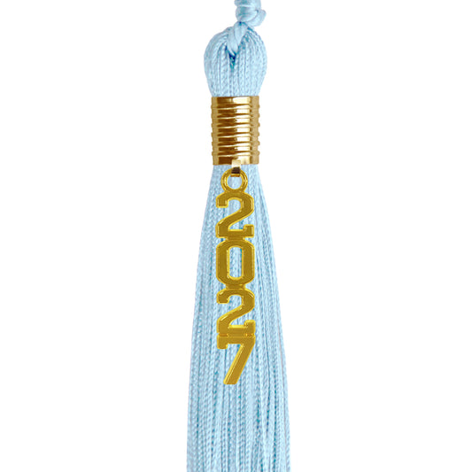 Light Blue Graduation Tassel with Gold Stacked Date Drop by Wholesale Grad Supply