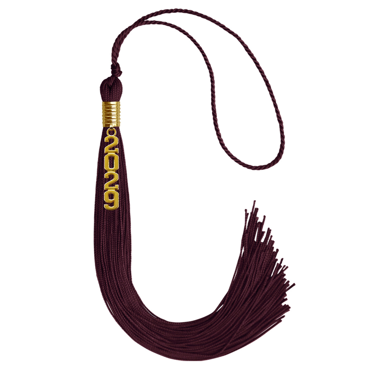 Maroon Graduation Tassel with Gold Stacked Date Drop by Wholesale Grad Supply
