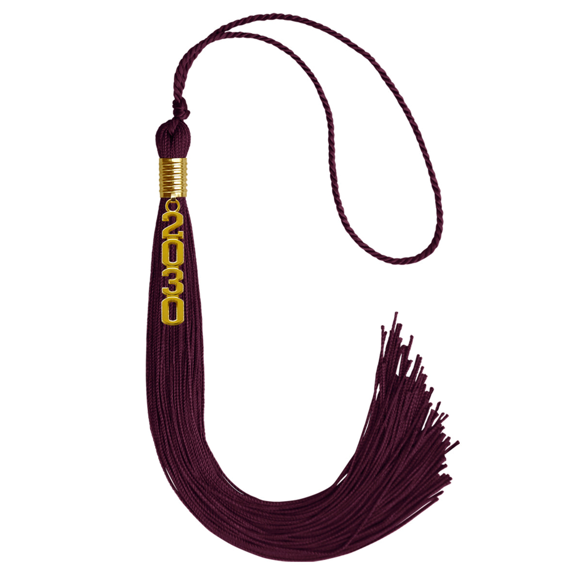 Maroon Graduation Tassel with Gold Stacked Date Drop by Wholesale Grad Supply