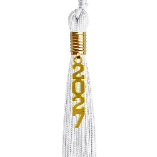 White Graduation Tassel with Gold Stacked Date Drop by Wholesale Grad Supply