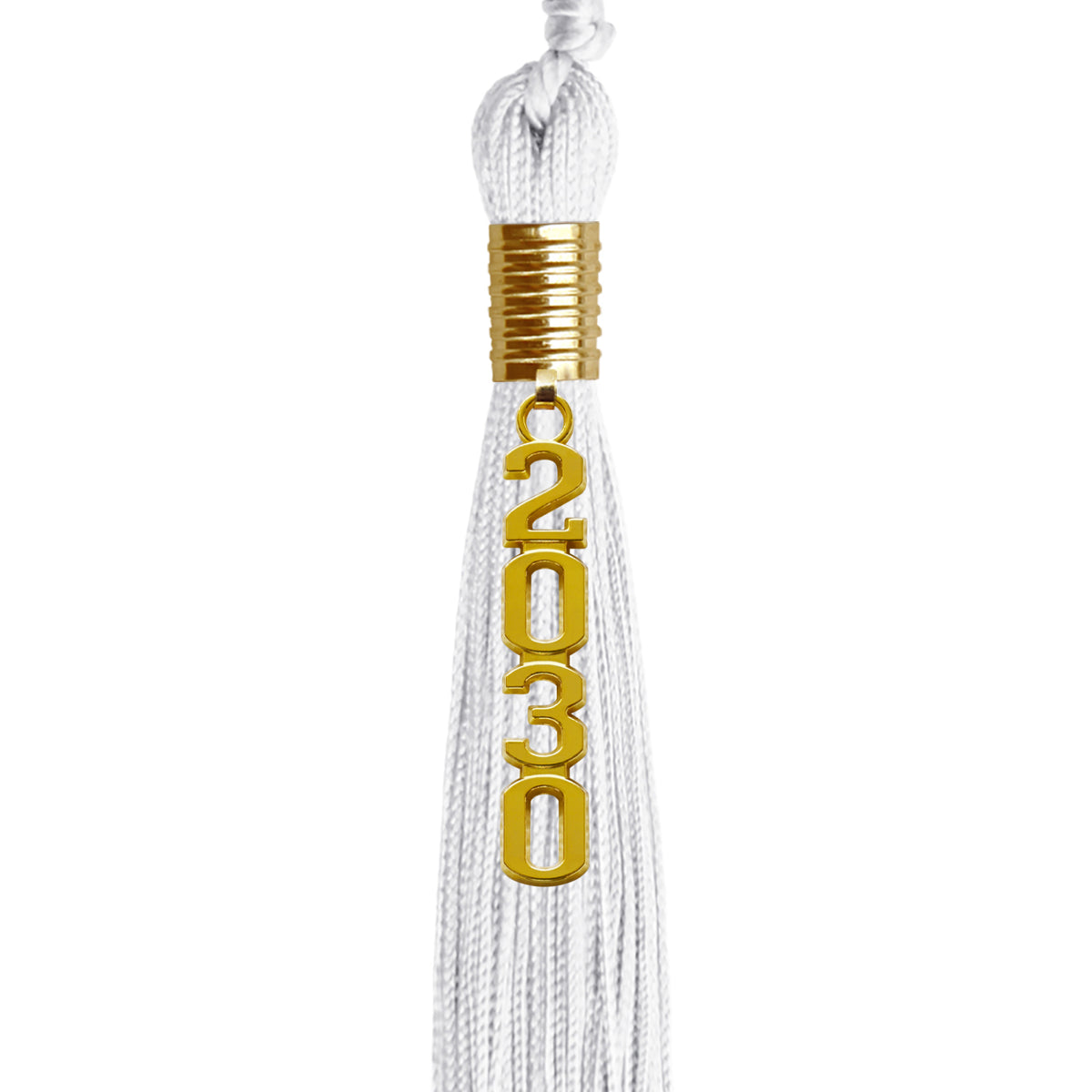 White Graduation Tassel with Gold Stacked Date Drop by Wholesale Grad Supply
