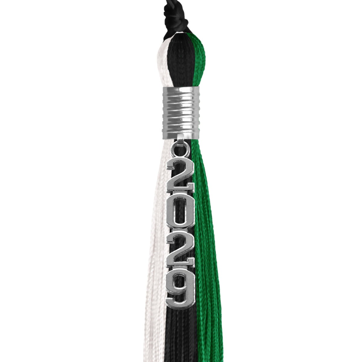 Black/Green/White Graduation Tassel with Silver Stacked Date Drop by Wholesale Grad Supply