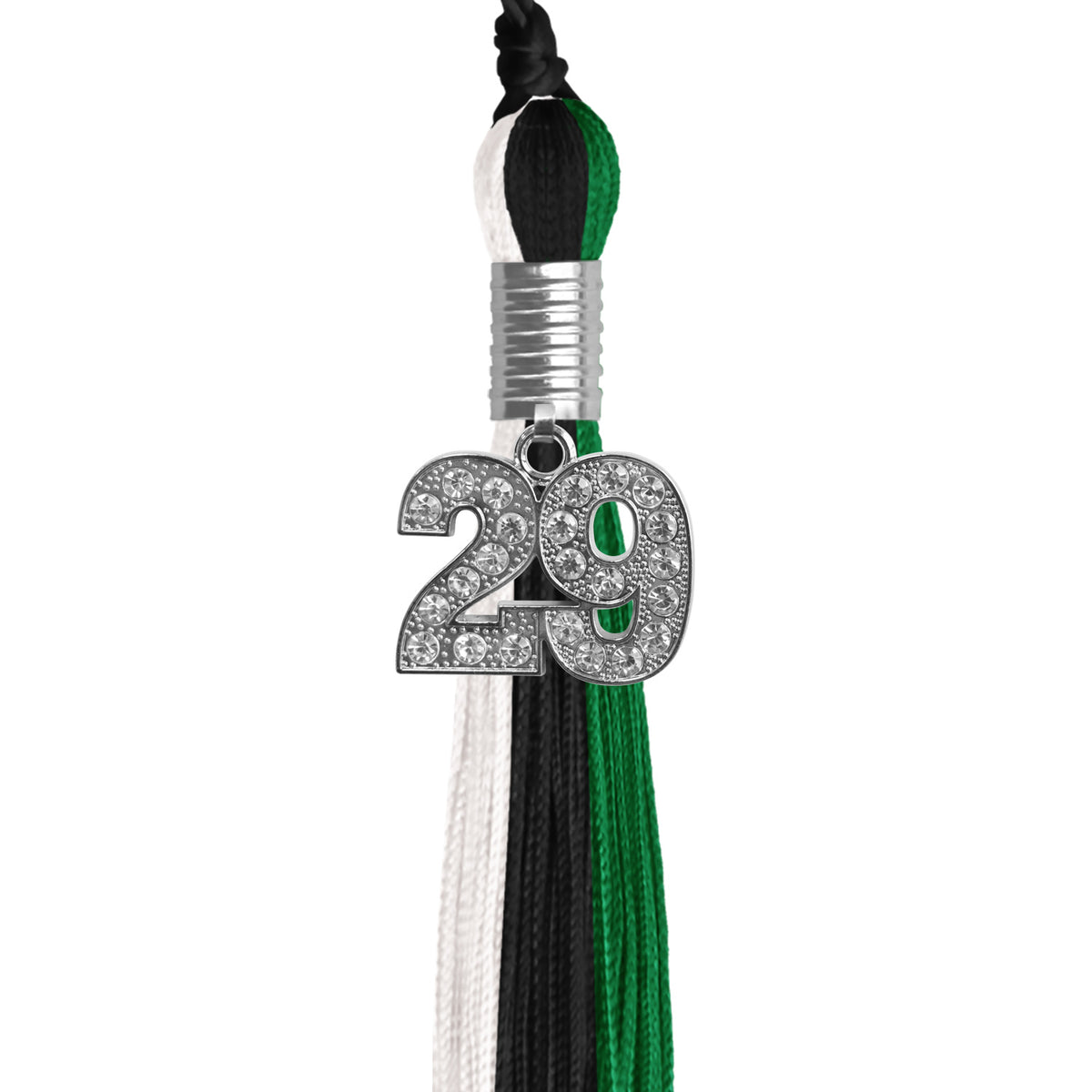 Black/Green/White Graduation Tassel with Silver Bling Charm by Wholesale Grad Supply