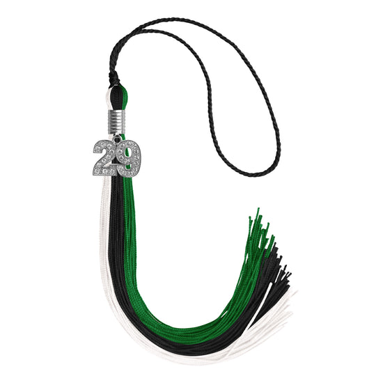Black/Green/White Graduation Tassel with Silver Bling Charm by Wholesale Grad Supply