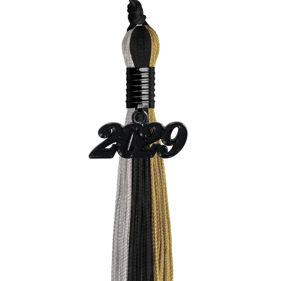 Black/Grey/Antique Gold Graduation Tassel with Black Date Drop by Wholesale Grad Supply