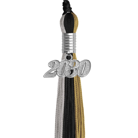 Black/Grey/Antique Gold Graduation Tassel with Silver Date Drop by Wholesale Grad Supply