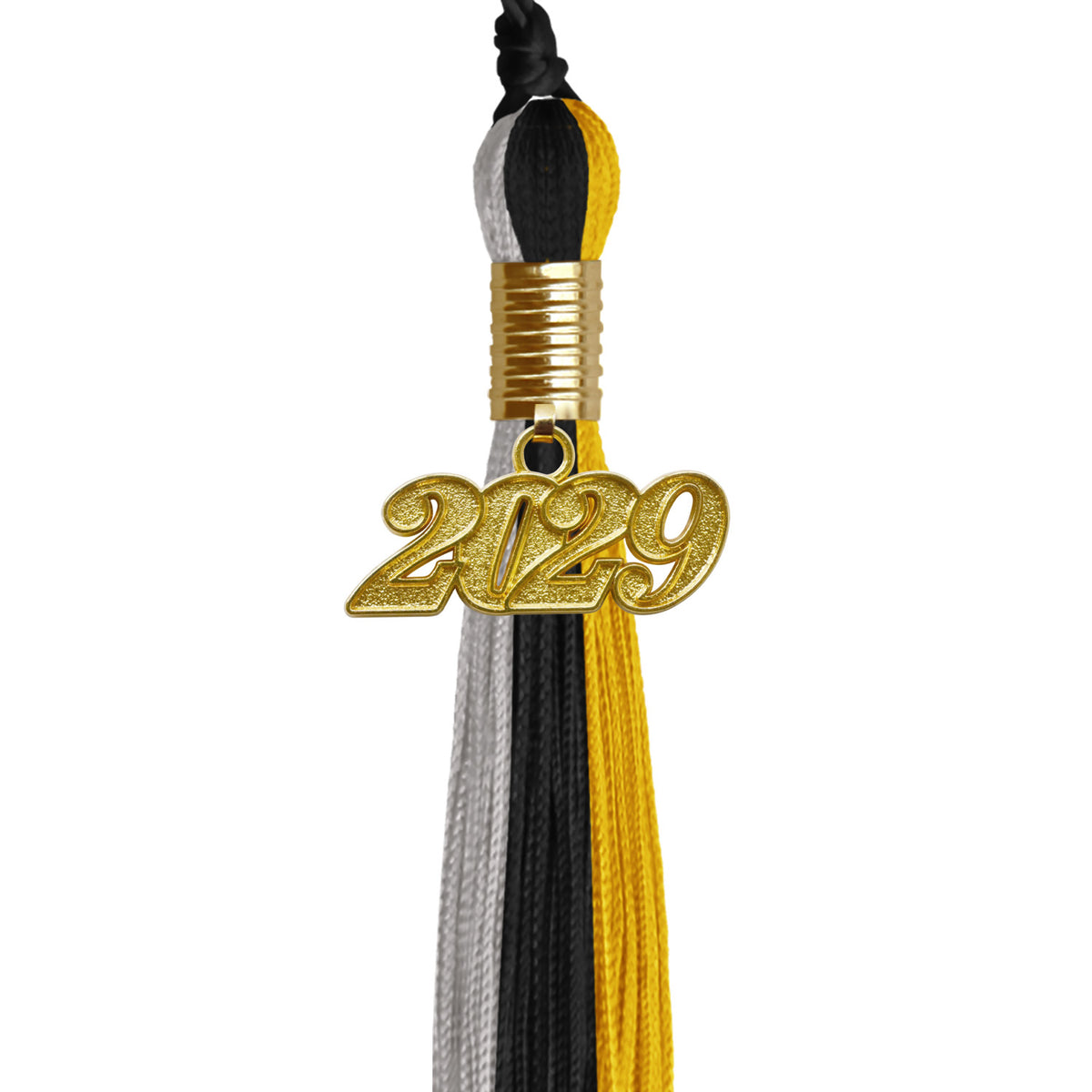 Black/Grey/Gold Graduation Tassel with Gold Date Drop by Wholesale Grad Supply