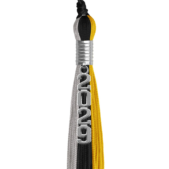Black/Grey/Gold Graduation Tassel with Silver Stacked Date Drop by Wholesale Grad Supply