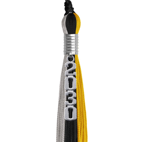 Black/Grey/Gold Graduation Tassel with Silver Stacked Date Drop by Wholesale Grad Supply