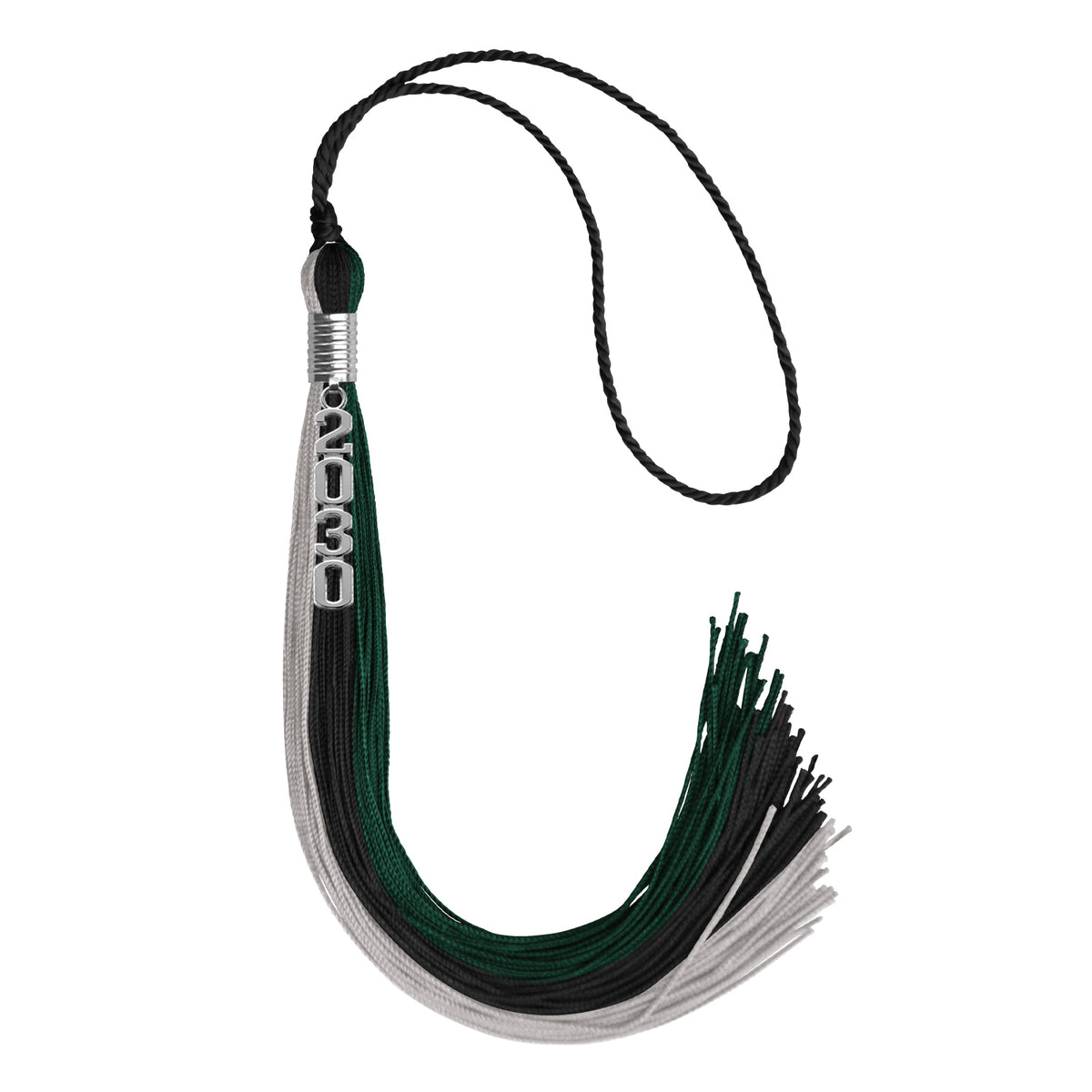 Black/Hunter Green/Silver Graduation Tassel with Silver Stacked Date Drop by Wholesale Grad Supply