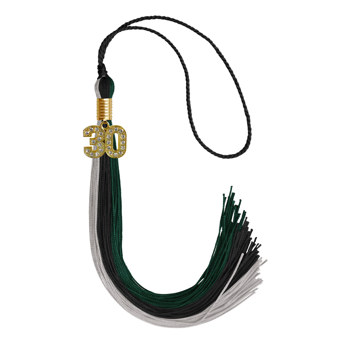 Black/Hunter Green/Silver Graduation Tassel with Gold Bling Charm by Wholesale Grad Supply