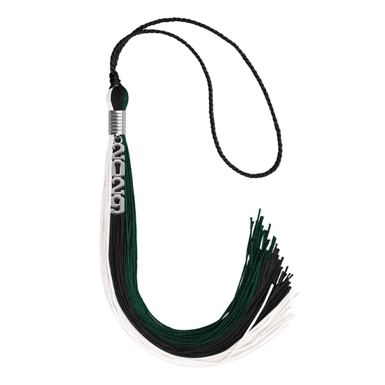 Black/Hunter Green/White Graduation Tassel with Silver Stacked Date Drop by Wholesale Grad Supply