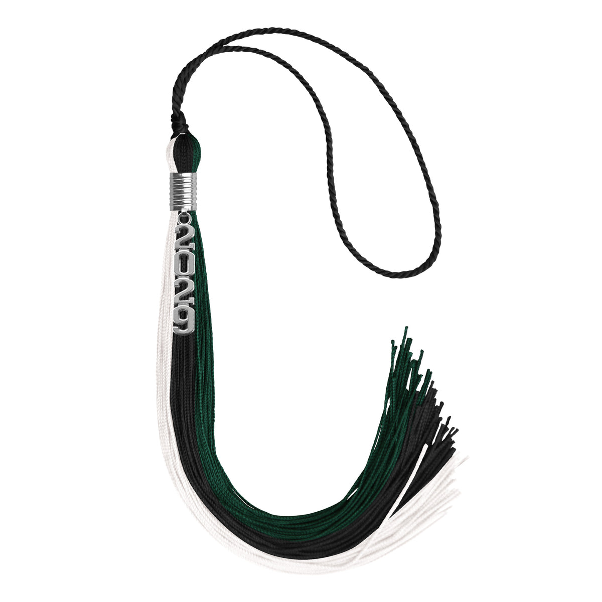 Black/Hunter Green/White Graduation Tassel with Silver Stacked Date Drop by Wholesale Grad Supply