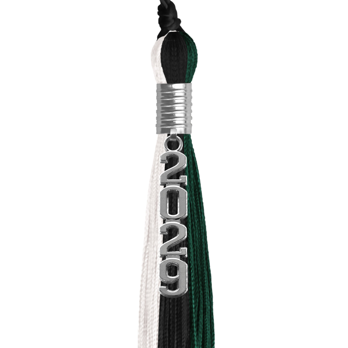 Black/Hunter Green/White Graduation Tassel with Silver Stacked Date Drop by Wholesale Grad Supply