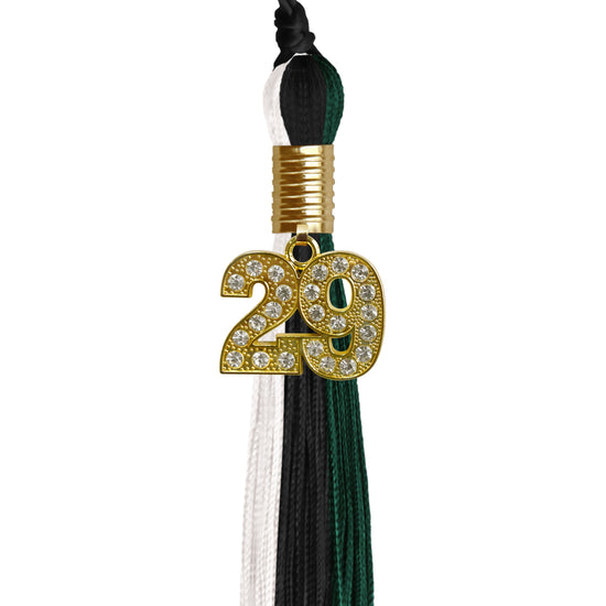 Black/Hunter Green/White Graduation Tassel with Gold Bling Charm by Wholesale Grad Supply