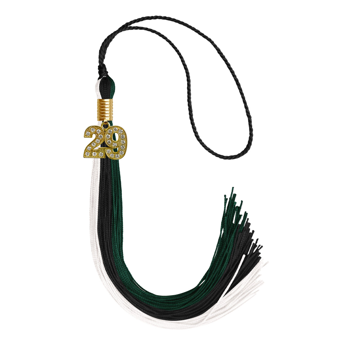 Black/Hunter Green/White Graduation Tassel with Gold Bling Charm by Wholesale Grad Supply