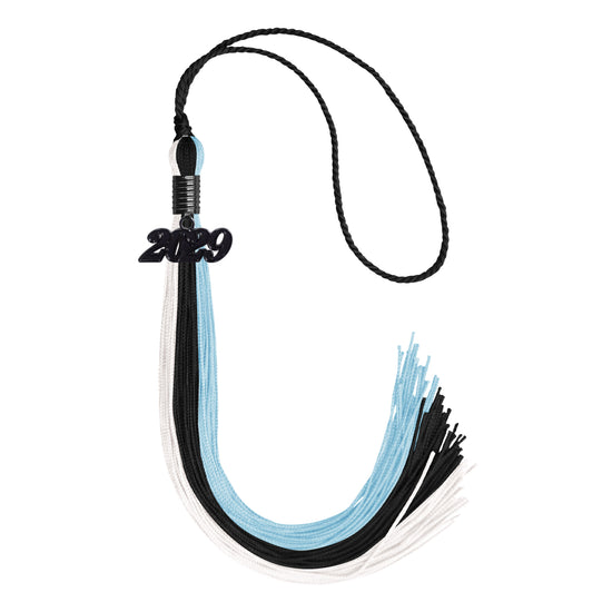 Black/Light Blue/White Graduation Tassel with Black Date Drop by Wholesale Grad Supply