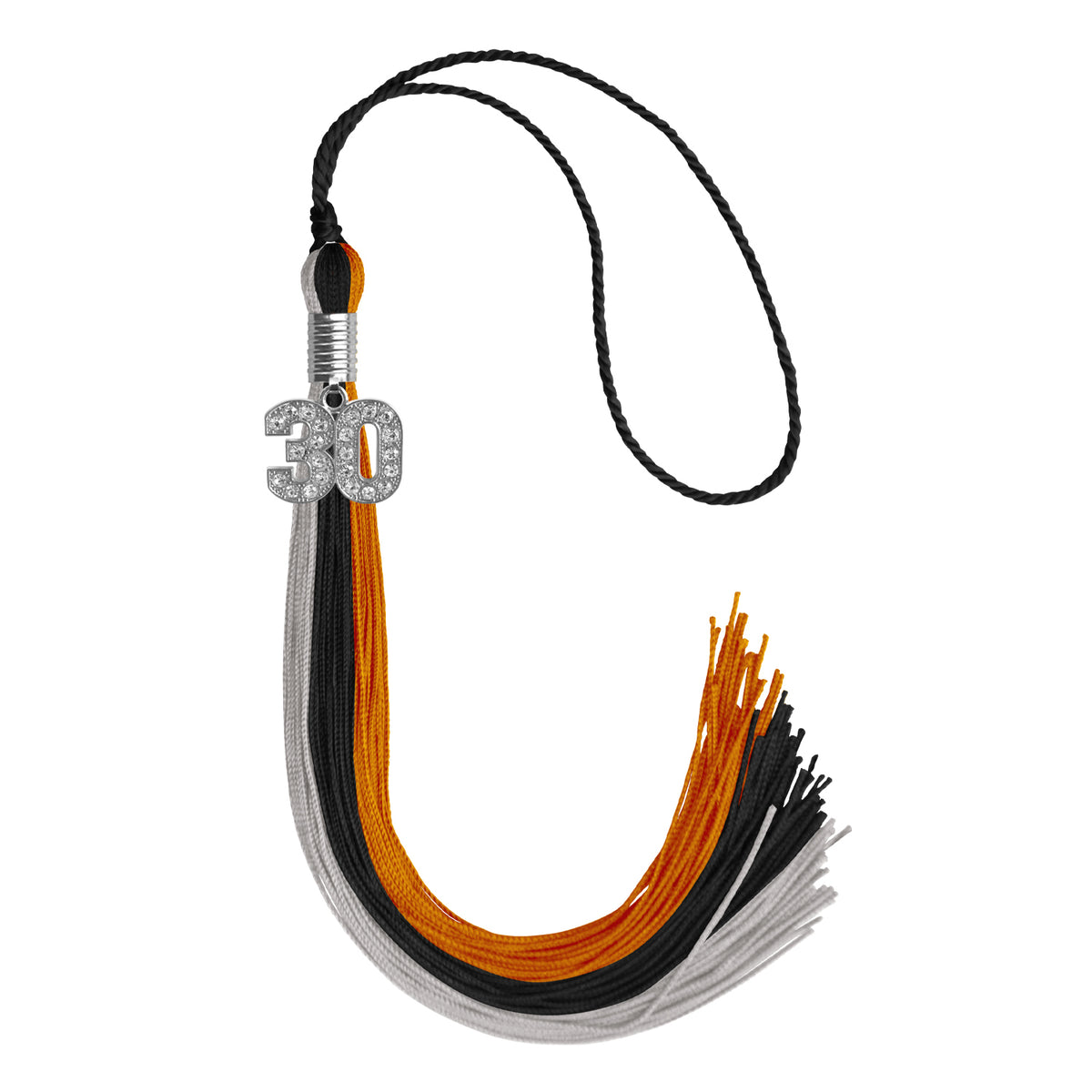 Black/Orange/Grey Graduation Tassel with Silver Bling Charm by Wholesale Grad Supply