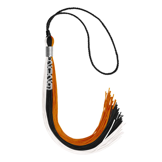 Black/Orange/White Graduation Tassel with Silver Stacked Date Drop by Wholesale Grad Supply