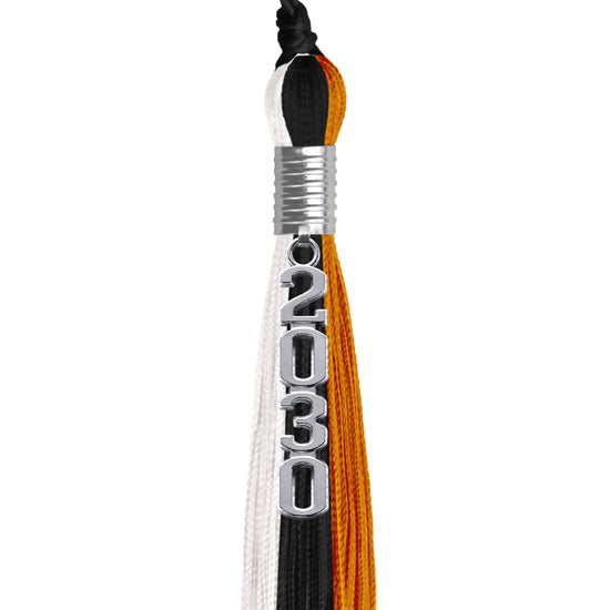 Black/Orange/White Graduation Tassel with Silver Stacked Date Drop by Wholesale Grad Supply