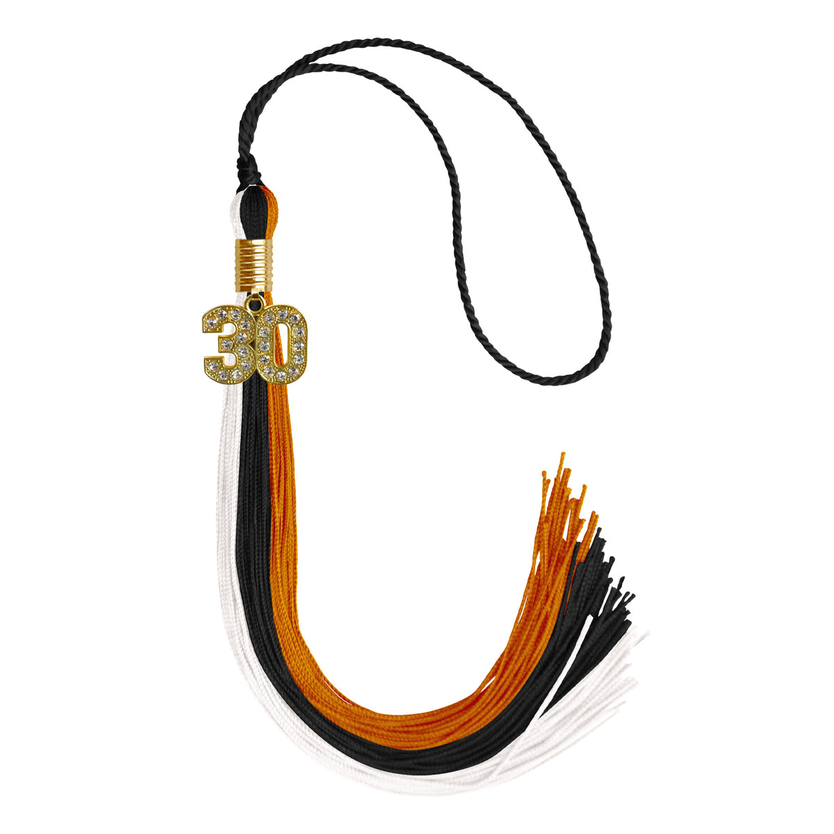 Black/Orange/White Graduation Tassel with Gold Bling Charm by Wholesale Grad Supply