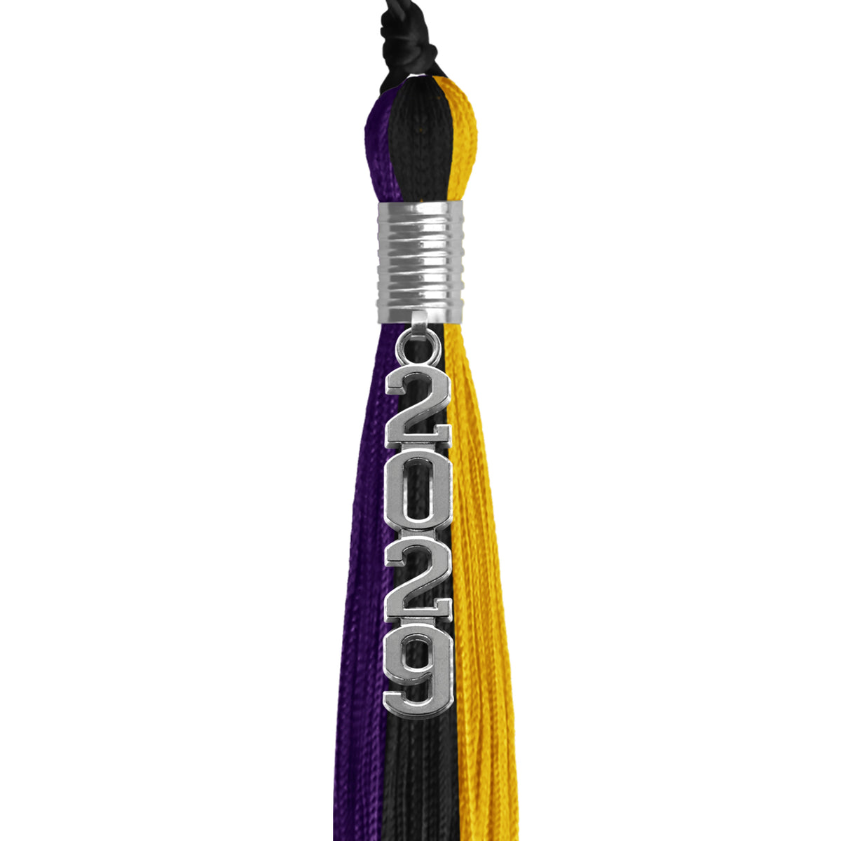 Black/Purple/Gold Graduation Tassel with Silver Stacked Date Drop by Wholesale Grad Supply