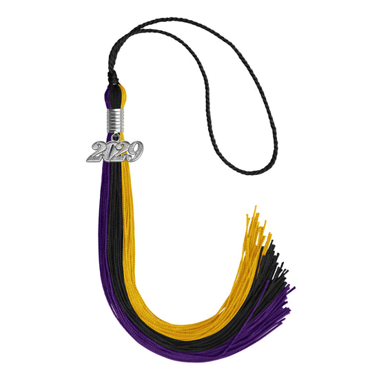 Black/Purple/Gold Graduation Tassel with Silver Date Drop by Wholesale Grad Supply