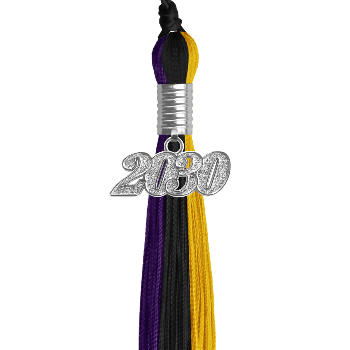 Black/Purple/Gold Graduation Tassel with Silver Date Drop by Wholesale Grad Supply