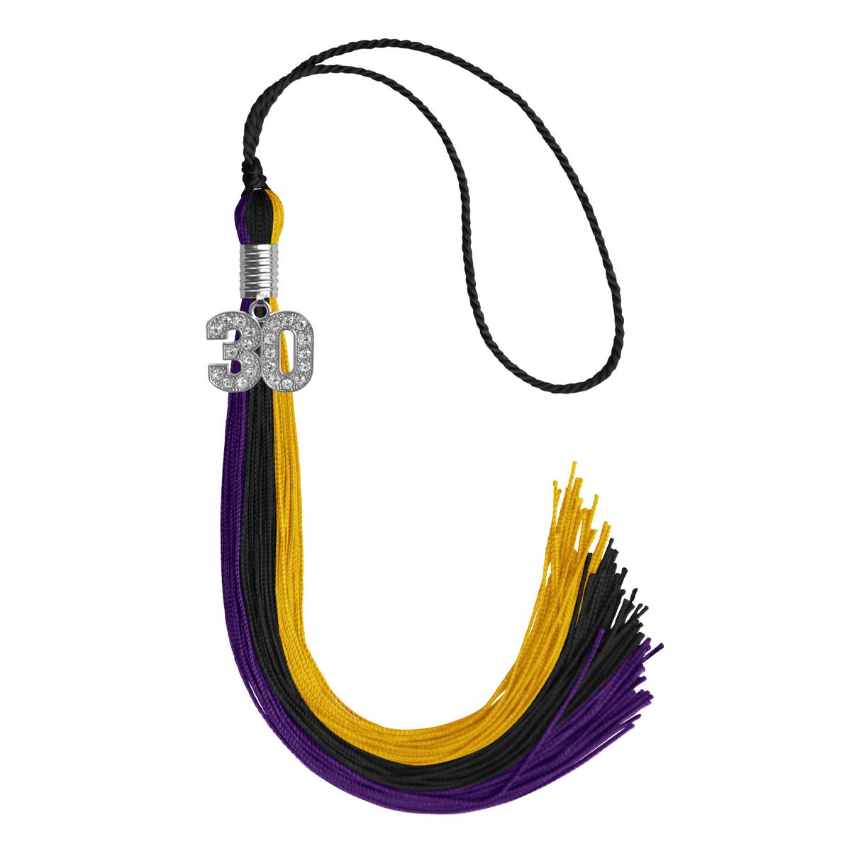 Black/Purple/Gold Graduation Tassel with Silver Bling Charm by Wholesale Grad Supply