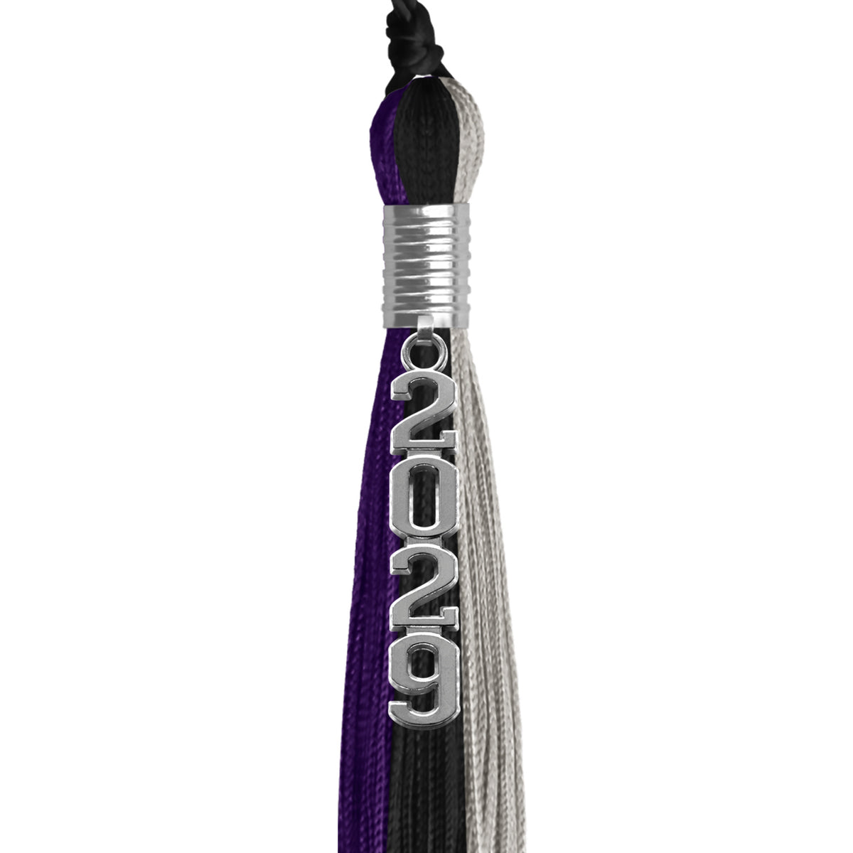 Black/Purple/Grey Graduation Tassel with Silver Stacked Date Drop by Wholesale Grad Supply